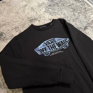 Vans Off The Wall Mens Black Crewneck Sweatshirt Blue Graphic Logo Size Medium